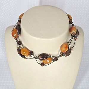 Faux Stone & Bead 3-Strand Layered Choker Necklace - Brown & Amber